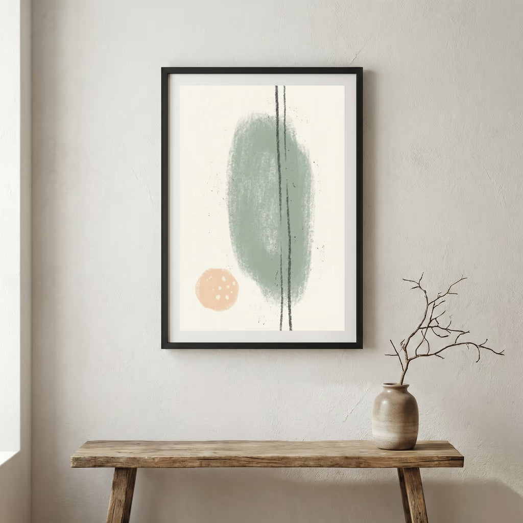 Sage Blue Organic Circle Abstract canvas wall art in a framed room setting