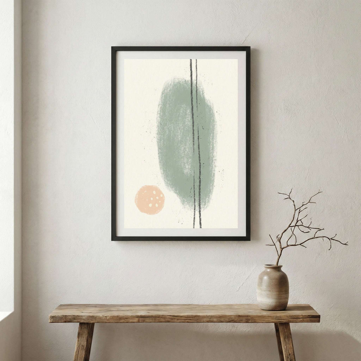 Sage Blue Organic Circle Abstract canvas wall art in a framed room setting
