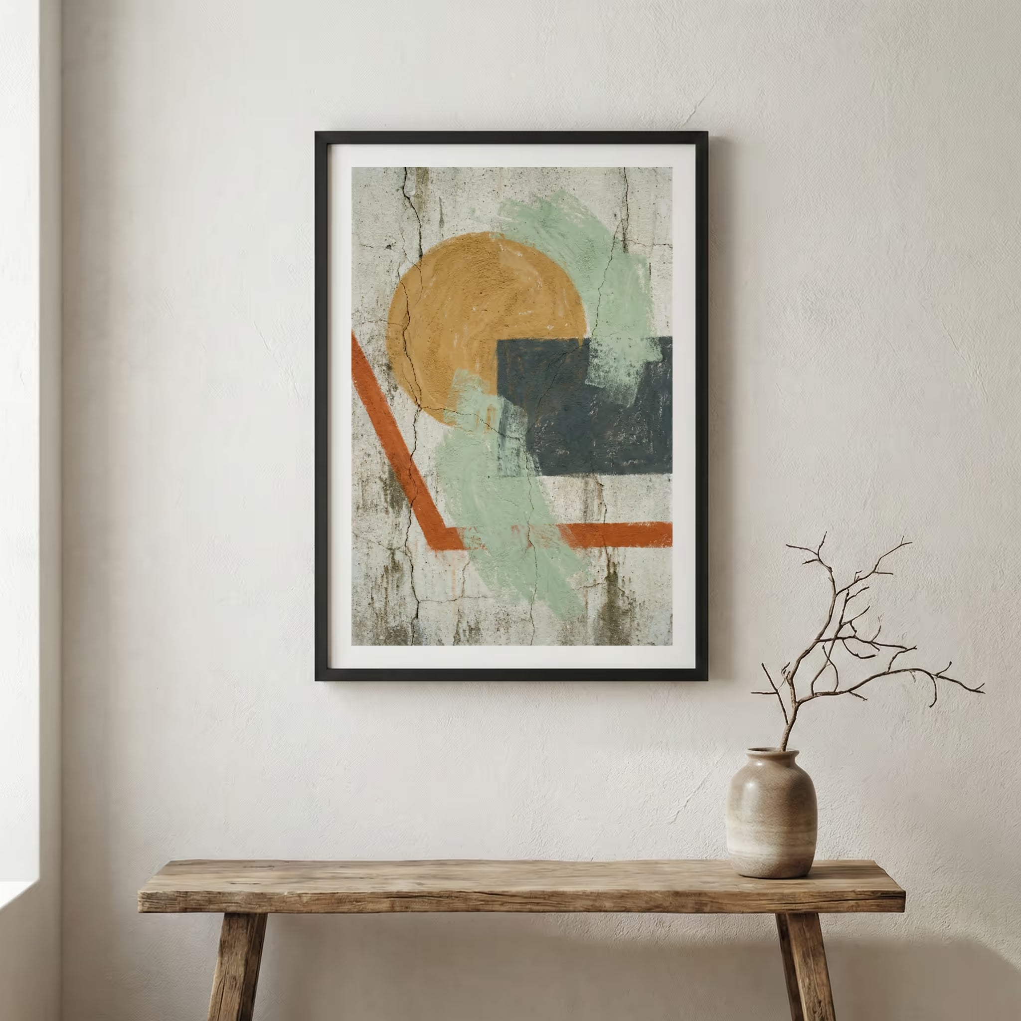 Ochre Sage Geometric Abstract canvas wall art in a framed room setting