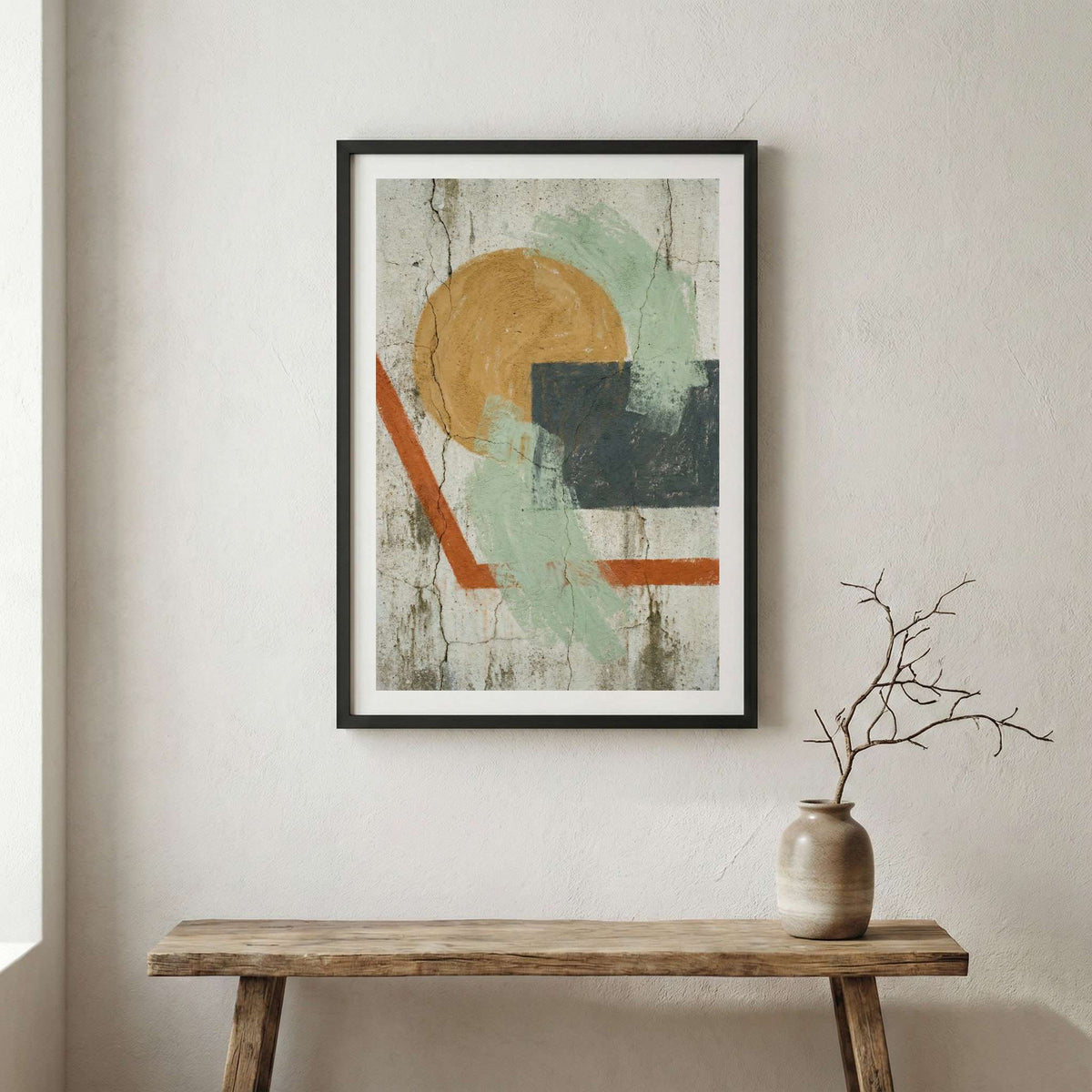 Ochre Sage Geometric Abstract canvas wall art in a framed room setting