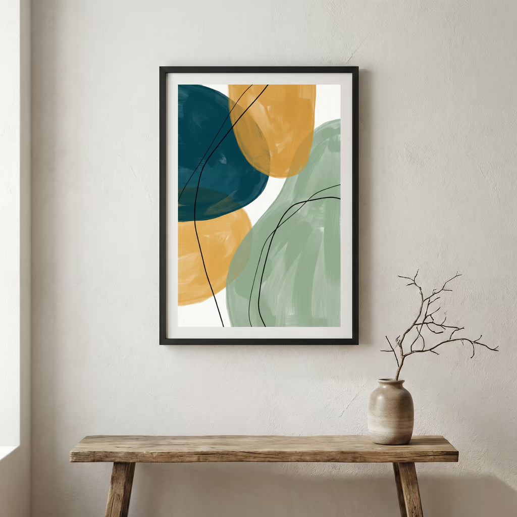 Teal Green Gold Geometric Abstract canvas wall art in a framed room setting