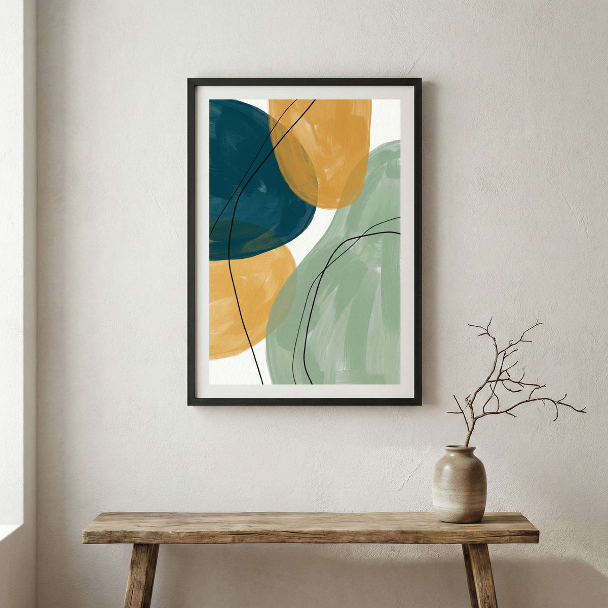 Teal Green Gold Geometric Abstract canvas wall art in a framed room setting