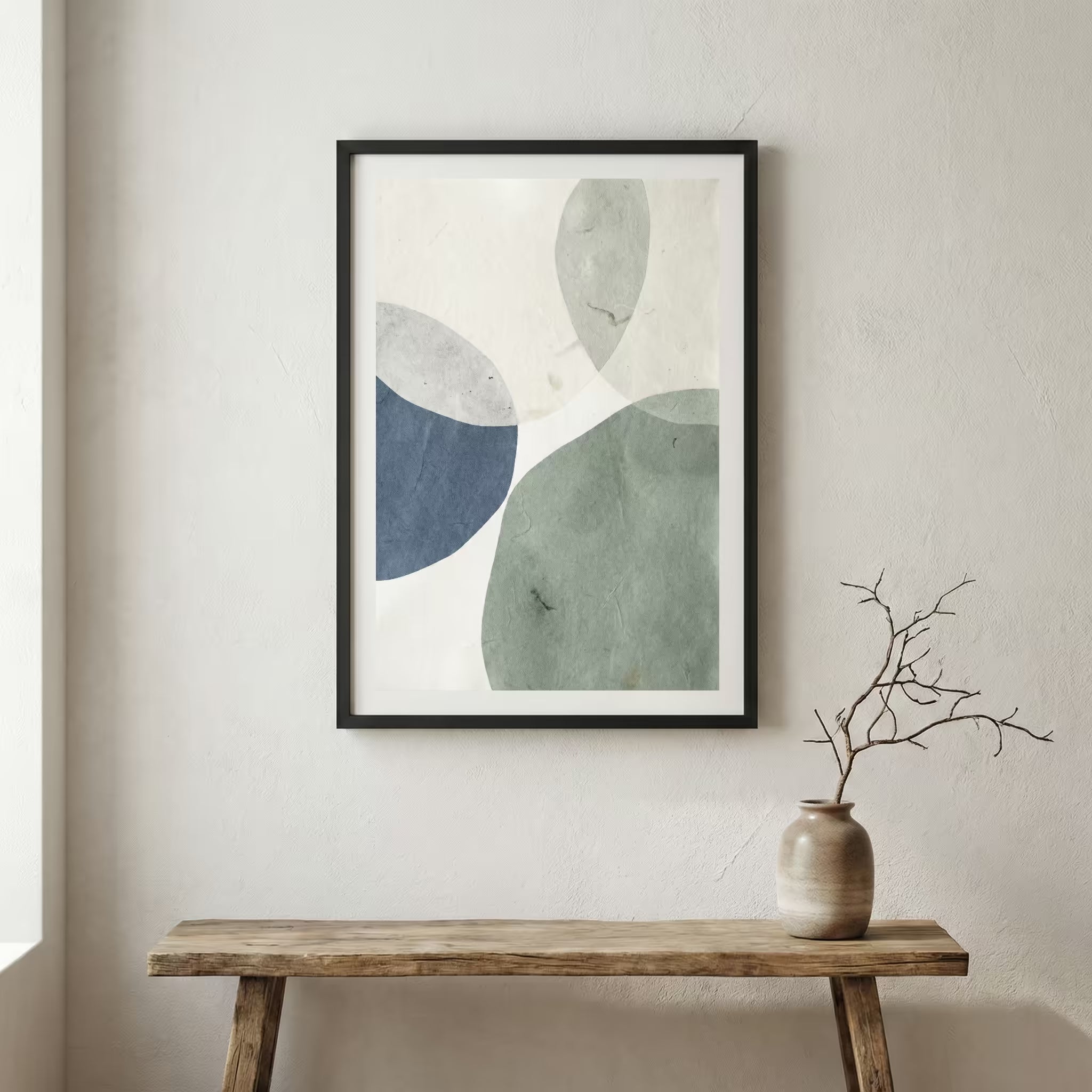 Pastel Blue Green Organic Shapes canvas wall art in a framed room setting