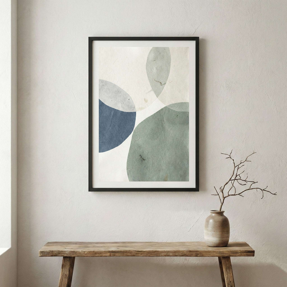 Pastel Blue Green Organic Shapes canvas wall art in a framed room setting
