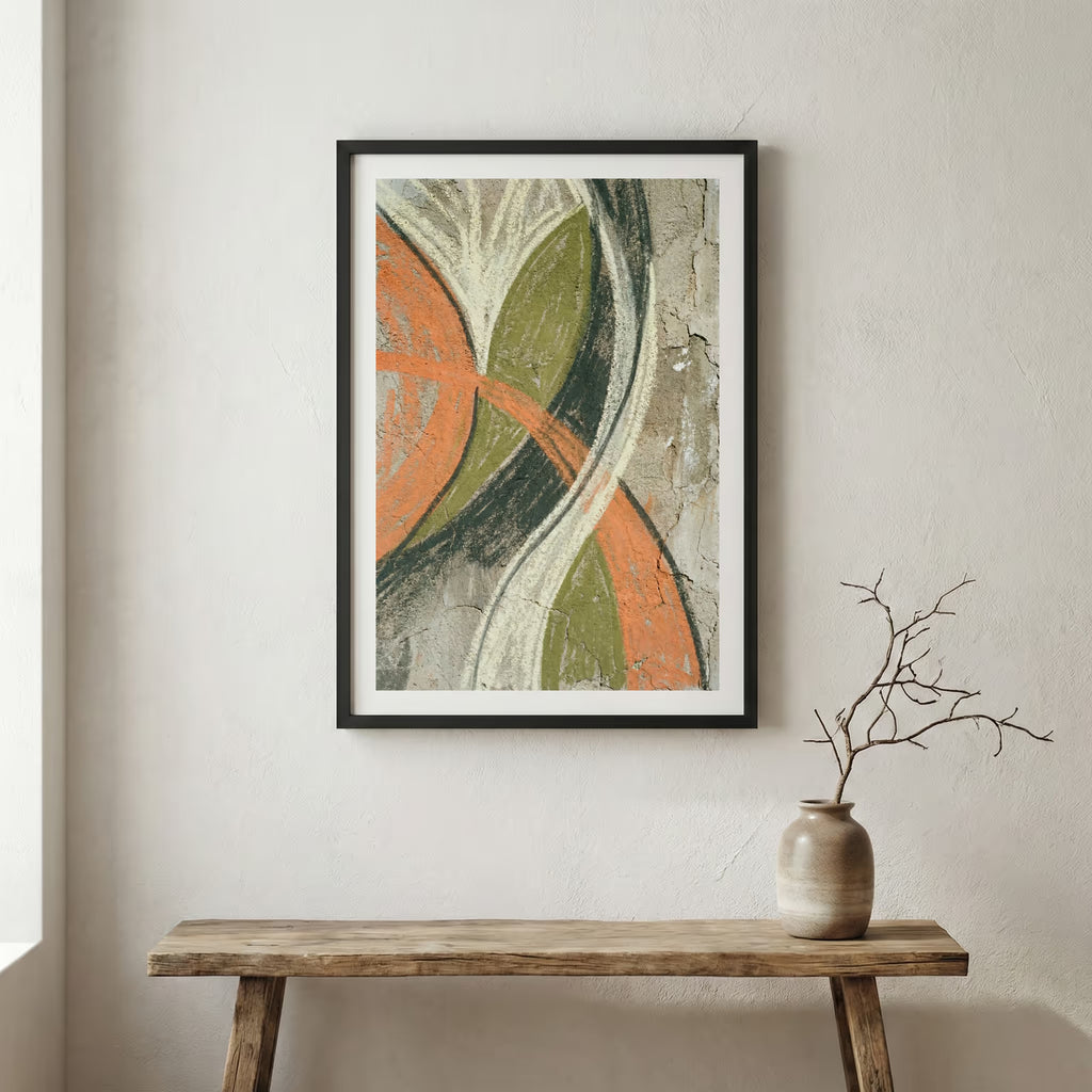 Green Orange Curved Abstract canvas wall art in a framed room setting