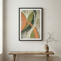 Green Orange Curved Abstract canvas wall art in a framed room setting
