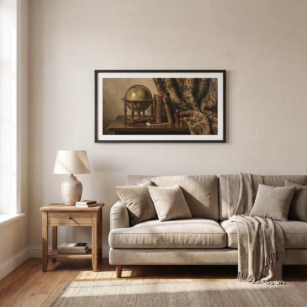 Vintage still life painting of a globe, stacked books, and a drawn curtain on a wooden desk — framed vintage painting print in a wooden frame, 26×15 in