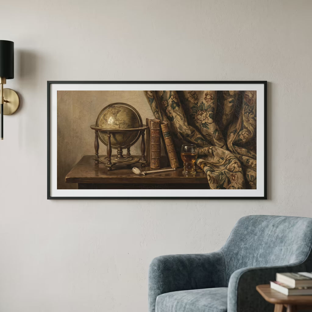 Vintage still life painting of a globe, stacked books, and a drawn curtain on a wooden desk — wooden frame art print, 21×12 in
