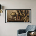 Vintage still life painting of a globe, stacked books, and a drawn curtain on a wooden desk — wooden frame art print, 21×12 in