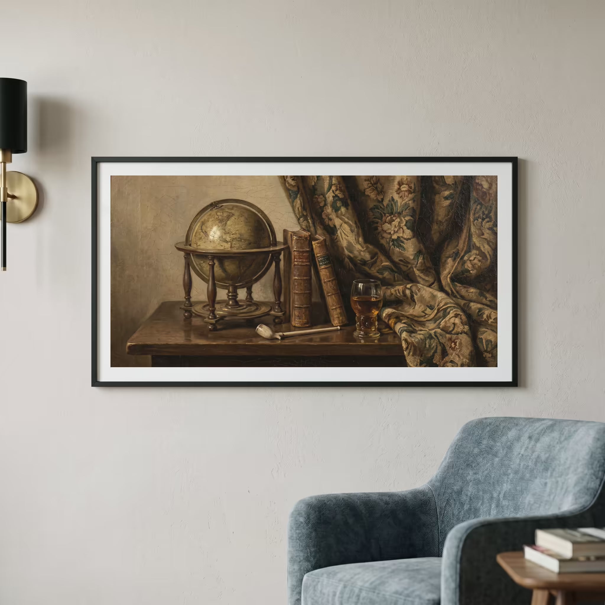 Vintage still life painting of a globe, stacked books, and a drawn curtain on a wooden desk — wooden frame art print, 21×12 in