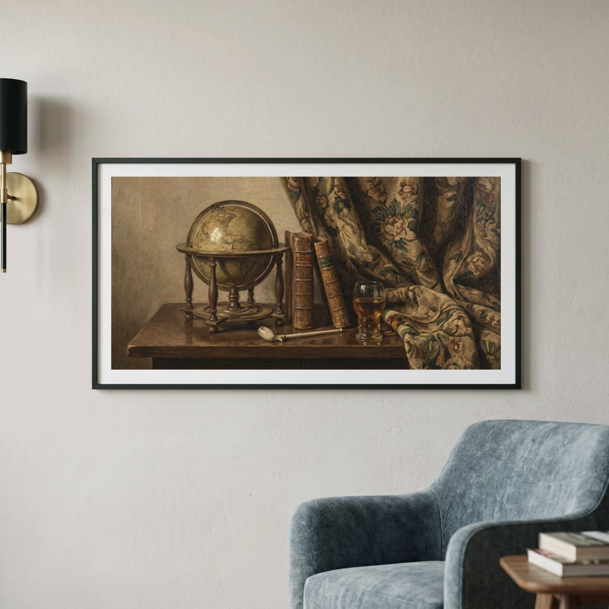 Vintage still life painting of a globe, stacked books, and a drawn curtain on a wooden desk — framed vintage painting.