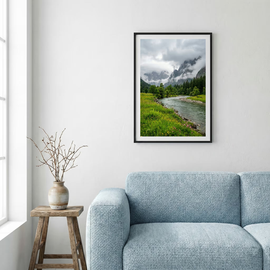 Shepherd guiding a flock of sheep past a stone doorway above a terraced river valley — framed canvas wall art in a wooden frame, 16×24 in