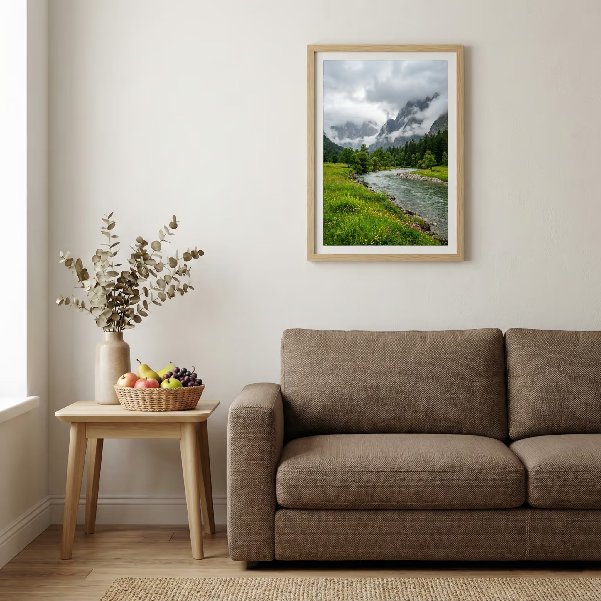 Shepherd guiding a flock of sheep past a stone doorway above a terraced river valley — wooden-frame wall art print, 20×30 in
