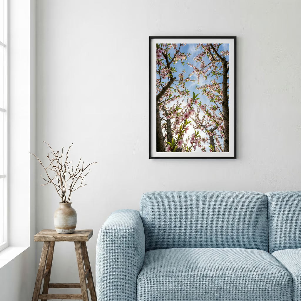 Golden desert dunes dusted with snow beneath a mountain skyline — framed canvas wall art in a wooden frame, 16×24 in