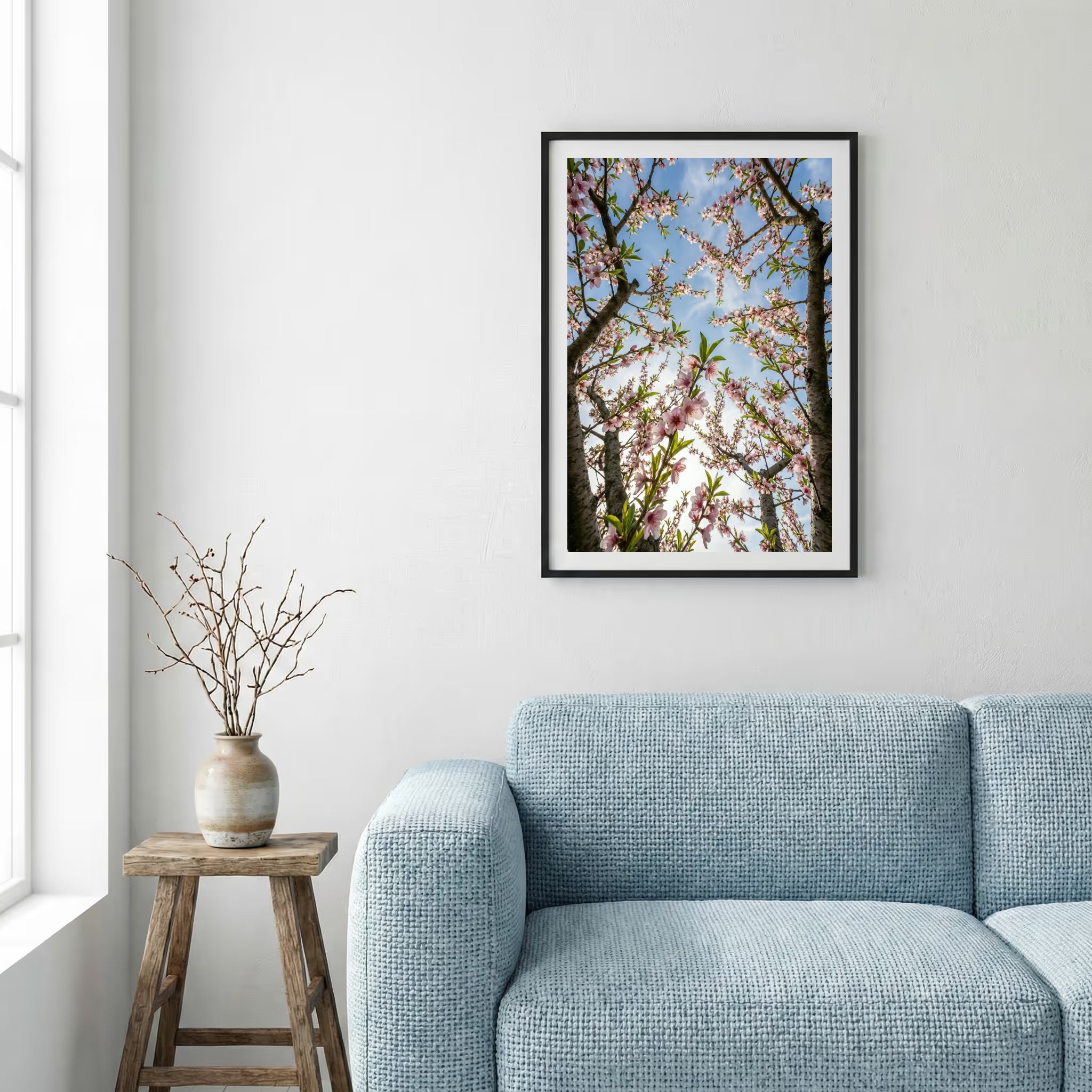 Golden desert dunes dusted with snow beneath a mountain skyline — framed canvas wall art in a wooden frame, 16×24 in