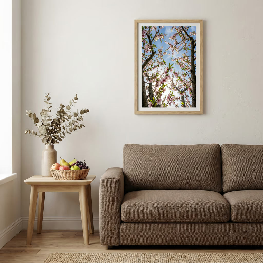 Golden desert dunes dusted with snow beneath a mountain skyline — wooden-frame wall art print, 20×30 in