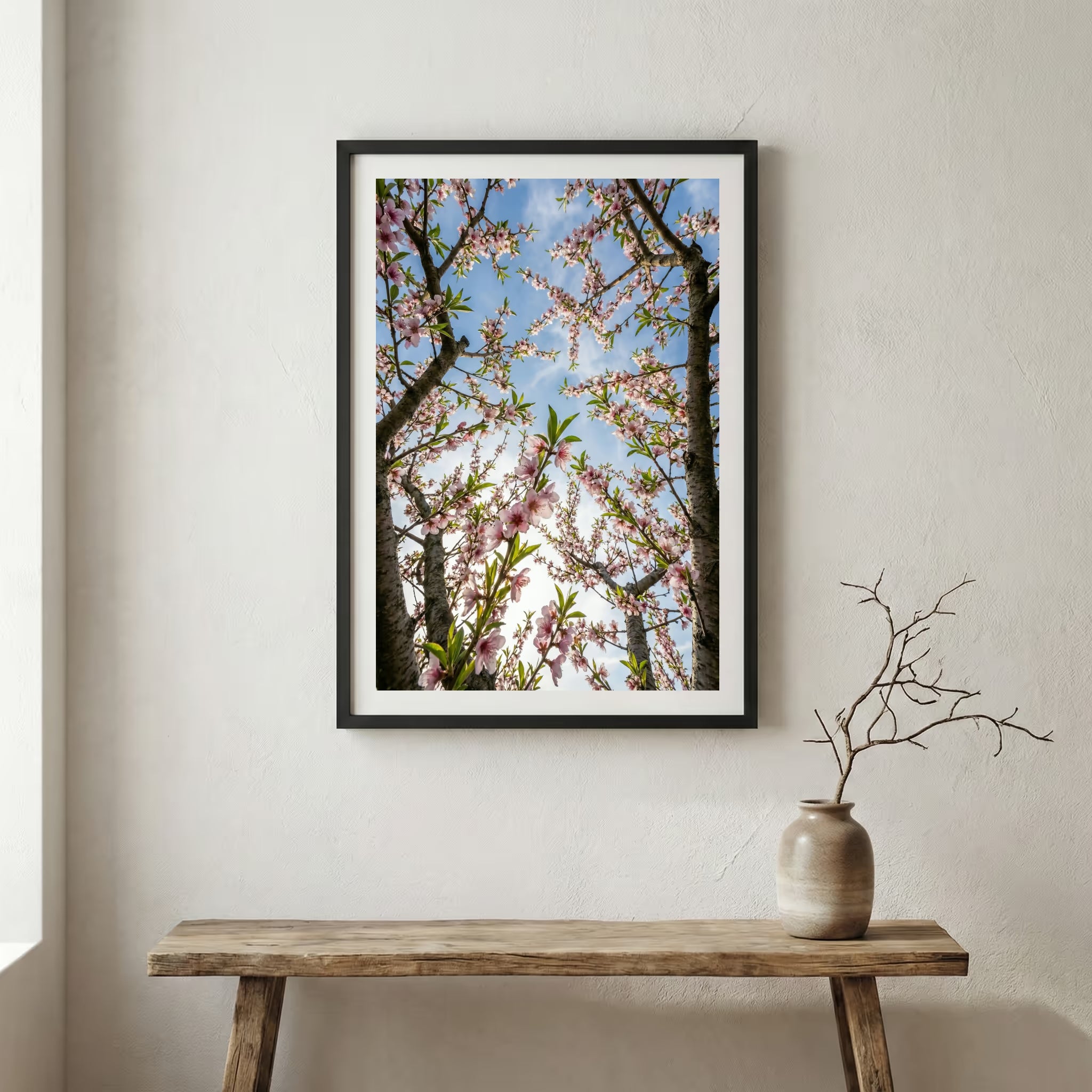 Golden desert dunes dusted with snow beneath a mountain skyline — wooden frame canvas wall art print, 12×18 in
