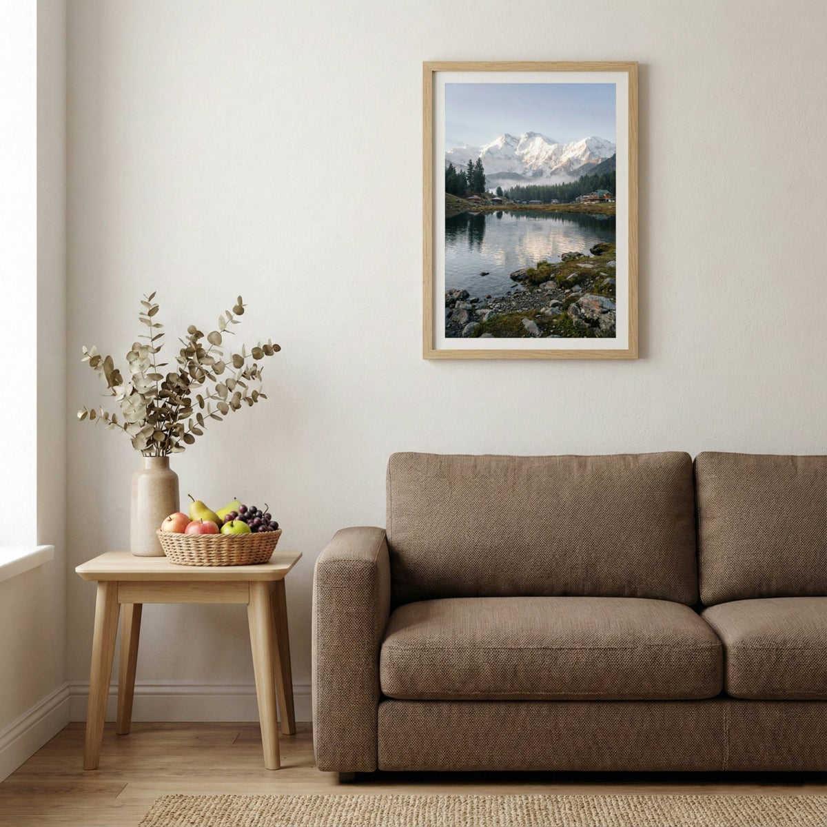 Snow-capped mountain reflected in a still lake lined with pine trees — wooden-frame wall art print, 20×30 in