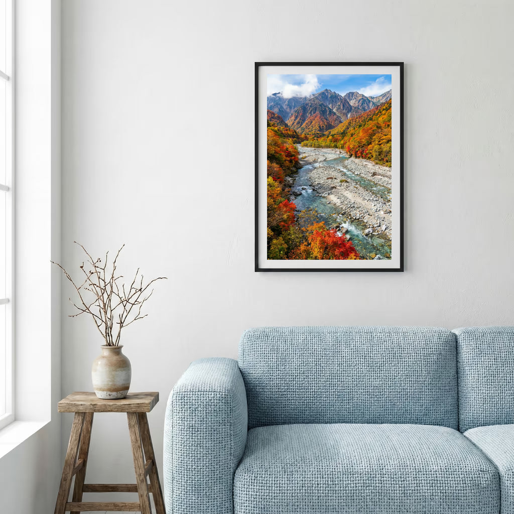 Snow-capped mountain reflected in a still lake lined with pine trees — framed canvas wall art in a wooden frame, 16×24 in