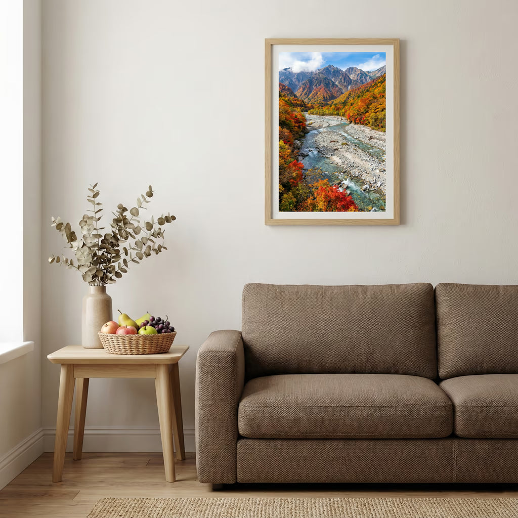Snow-capped mountain reflected in a still lake lined with pine trees — wooden-frame wall art print, 20×30 in