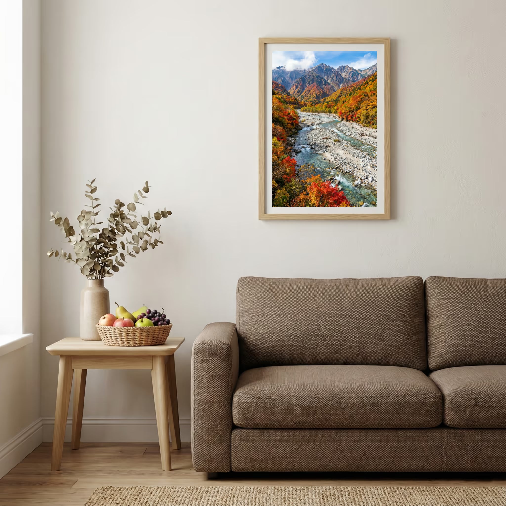 Snow-capped mountain reflected in a still lake lined with pine trees — wooden-frame wall art print, 20×30 in