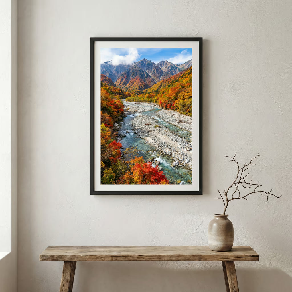 Snow-capped mountain reflected in a still lake lined with pine trees — wooden frame canvas wall art print, 12×18 in