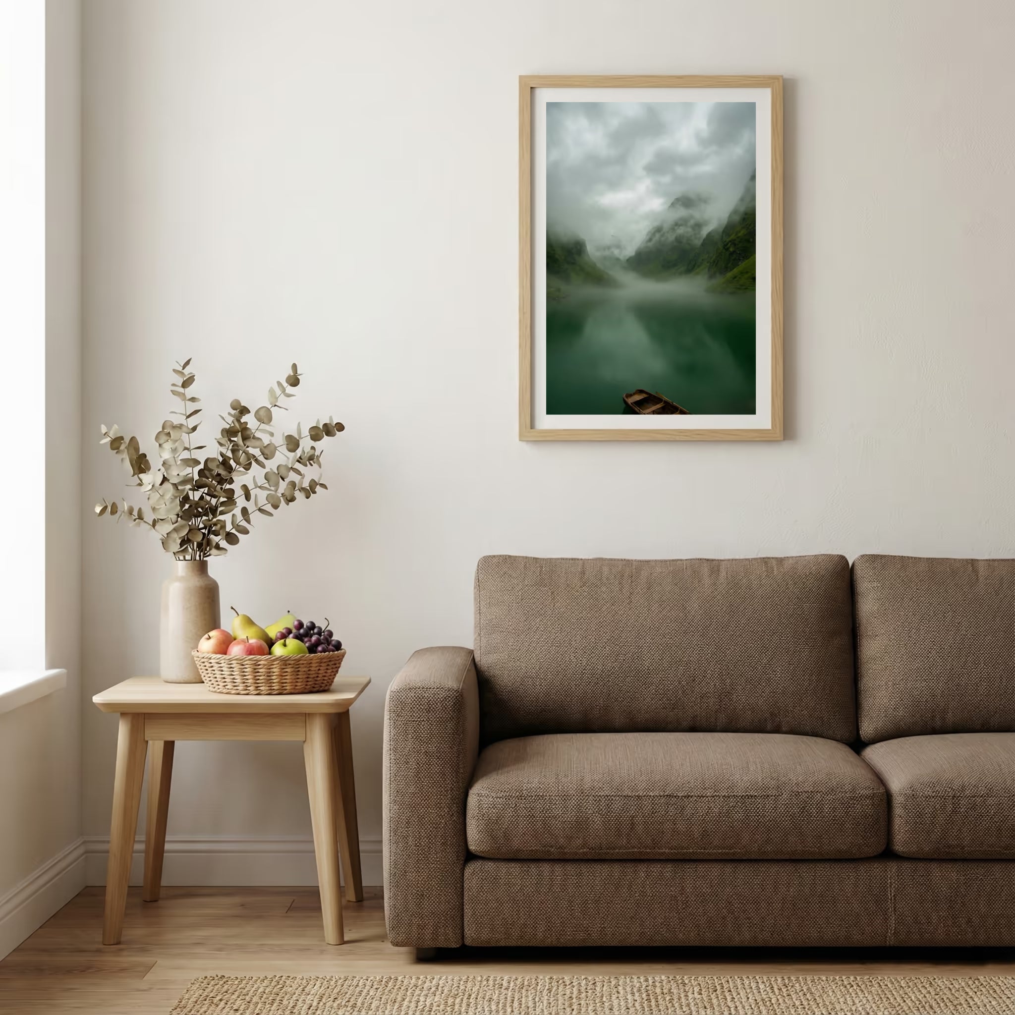 Snow-covered wooden cabin set against jagged, snow-capped mountains — wooden-frame wall art print, 20×30 in