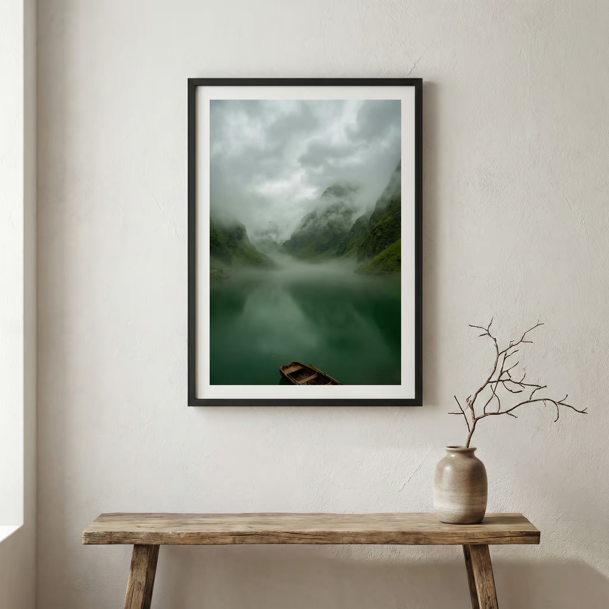 Snow-covered wooden cabin set against jagged, snow-capped mountains — wooden frame canvas wall art print, 12×18 in