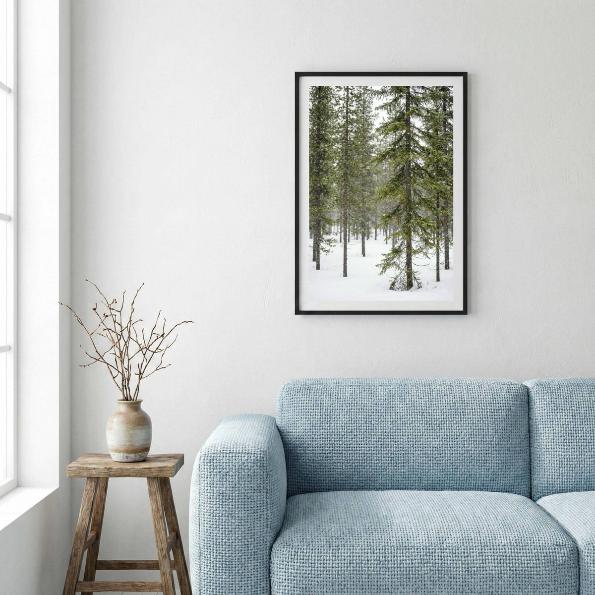 Tall evergreen pine trees blanketed in fresh snow — framed canvas wall art in a wooden frame, 16×24 in