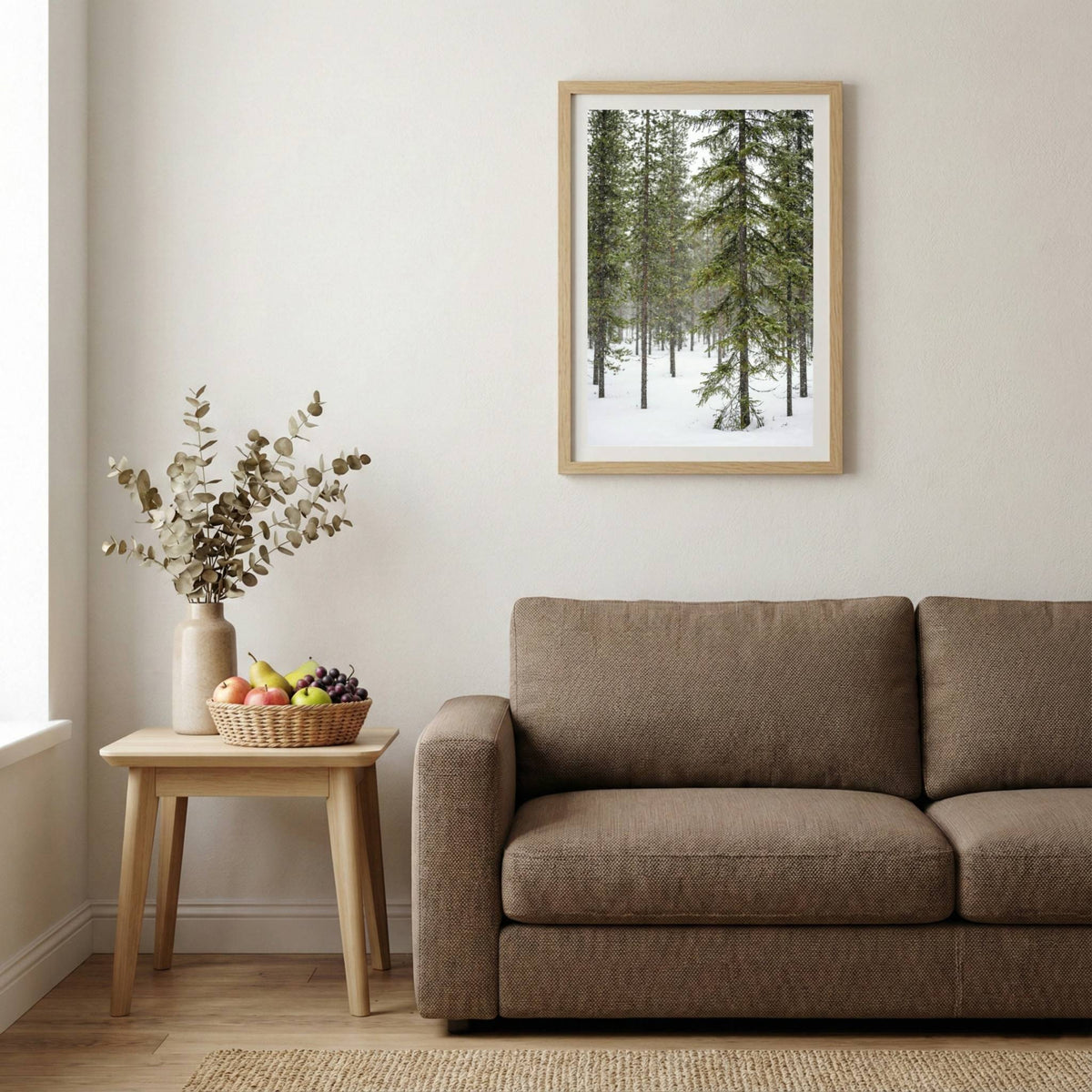 Tall evergreen pine trees blanketed in fresh snow — wooden-frame wall art print, 20×30 in
