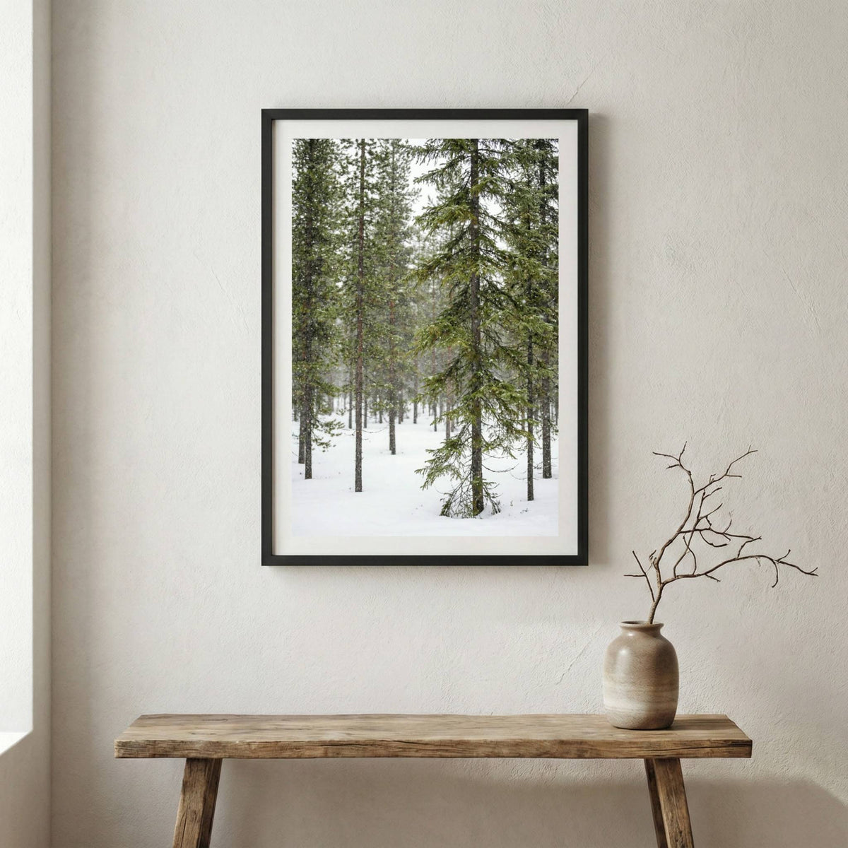 Tall evergreen pine trees blanketed in fresh snow — wooden frame canvas wall art print, 12×18 in