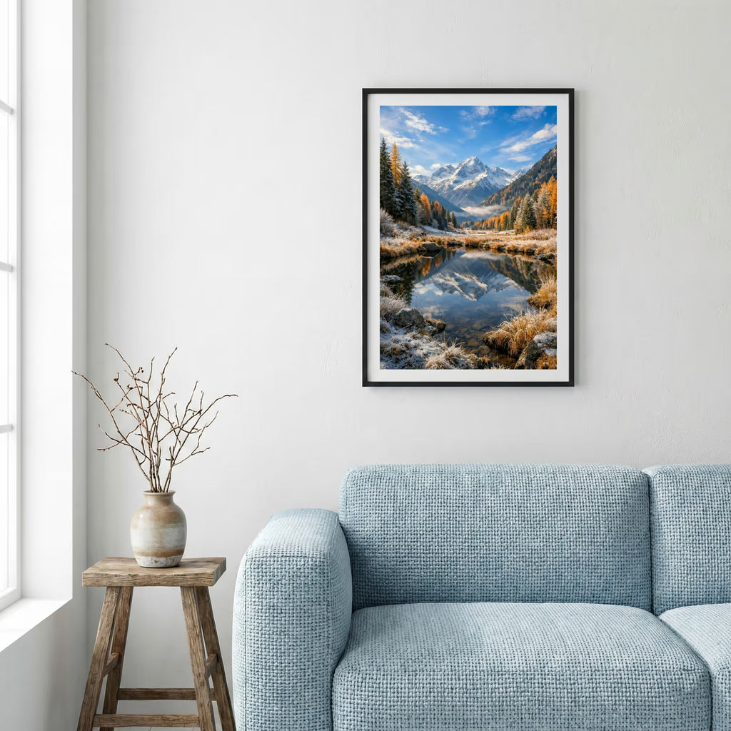 Tall evergreen pine trees blanketed in fresh snow — framed canvas wall art in a wooden frame, 16×24 in