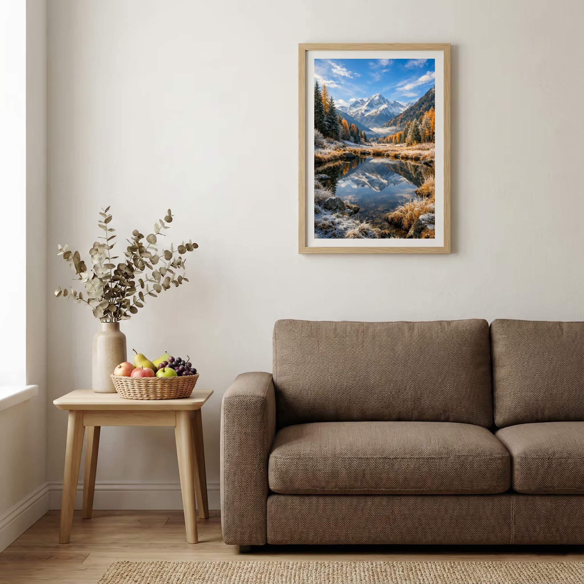 Tall evergreen pine trees blanketed in fresh snow — wooden-frame wall art print, 20×30 in