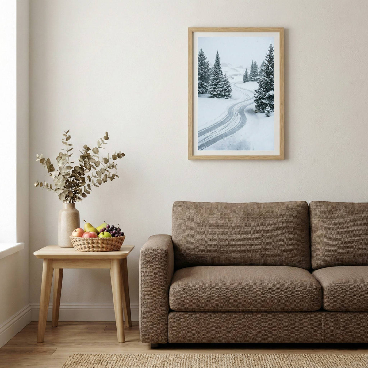 Snow-covered pine trees lining a winding winter road — wooden-frame wall art print, 20×30 in
