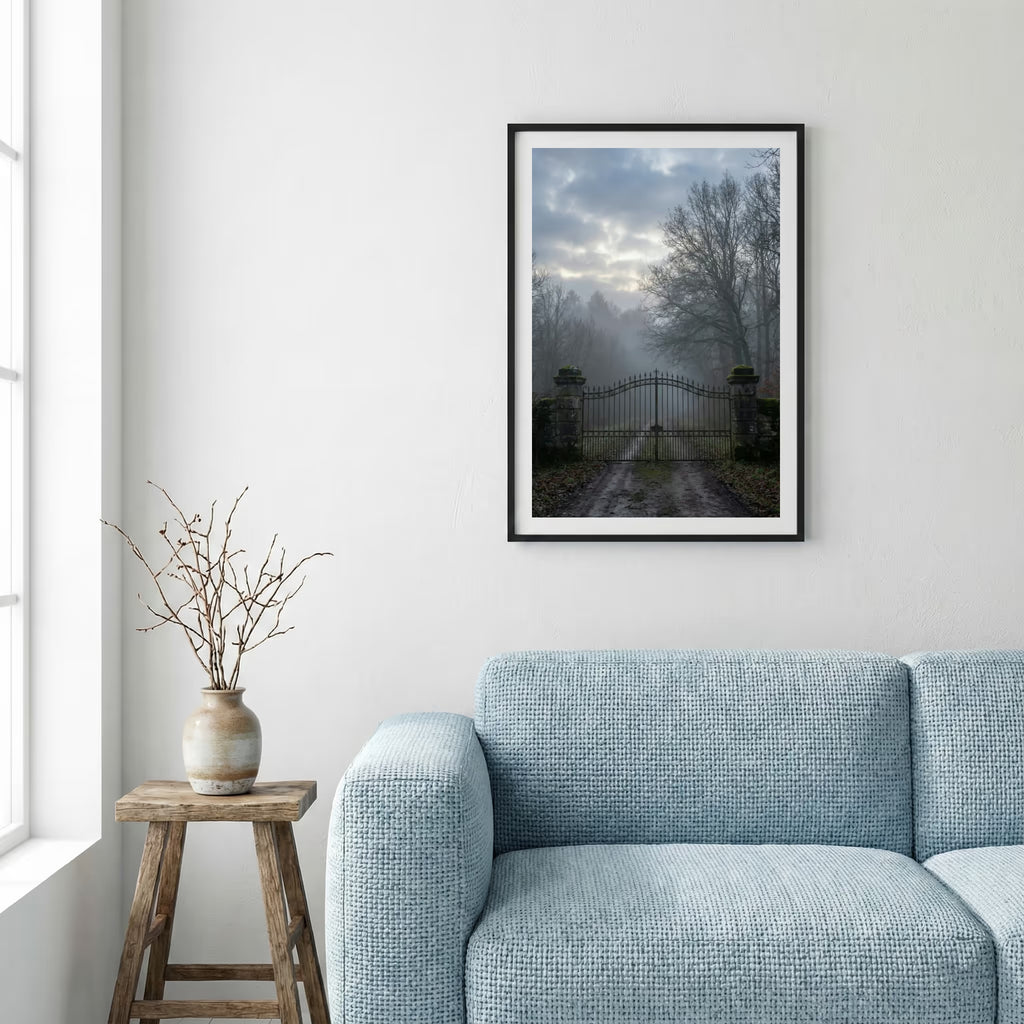 Snow-covered pine trees lining a winding winter road — framed canvas wall art in a wooden frame, 16×24 in
