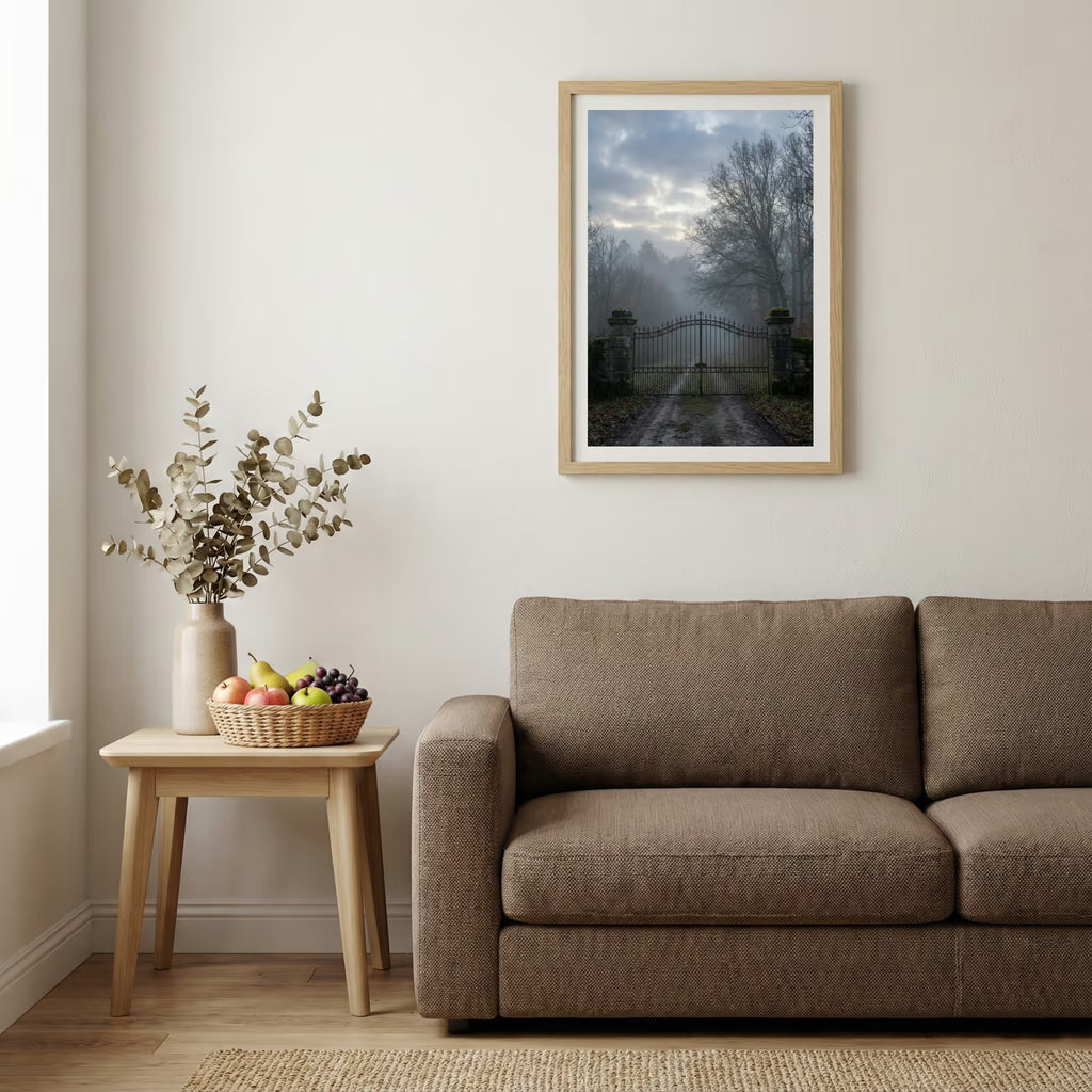 Snow-covered pine trees lining a winding winter road — wooden-frame wall art print, 20×30 in