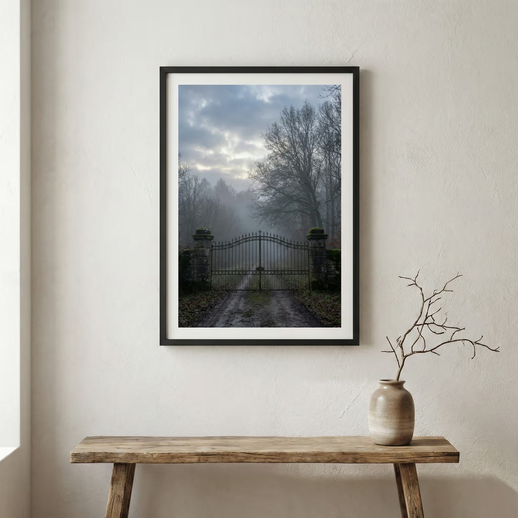 Snow-covered pine trees lining a winding winter road — wooden frame canvas wall art print, 12×18 in