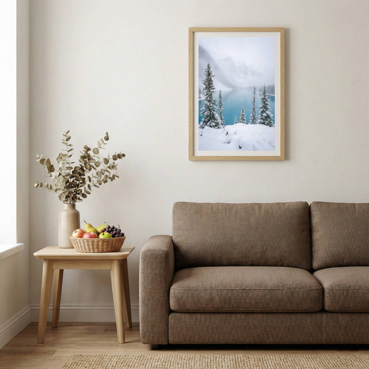 Snow-dusted pine trees on a ledge overlooking a misty turquoise lake — wooden-frame wall art print, 20×30 in