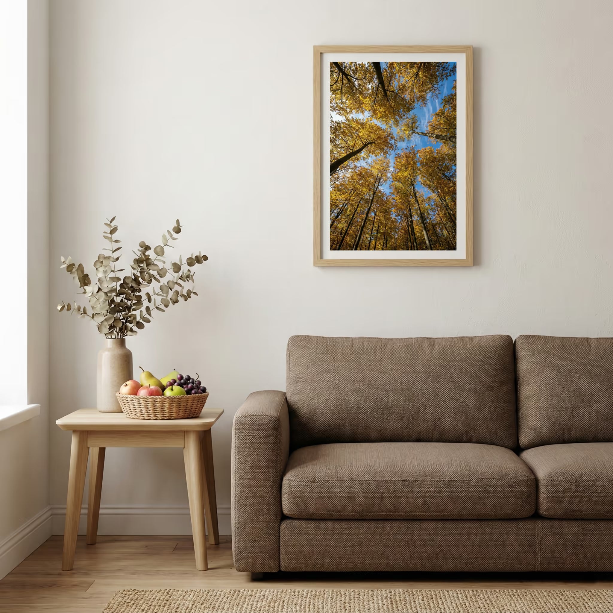 Snow-dusted pine trees on a ledge overlooking a misty turquoise lake — wooden-frame wall art print, 20×30 in