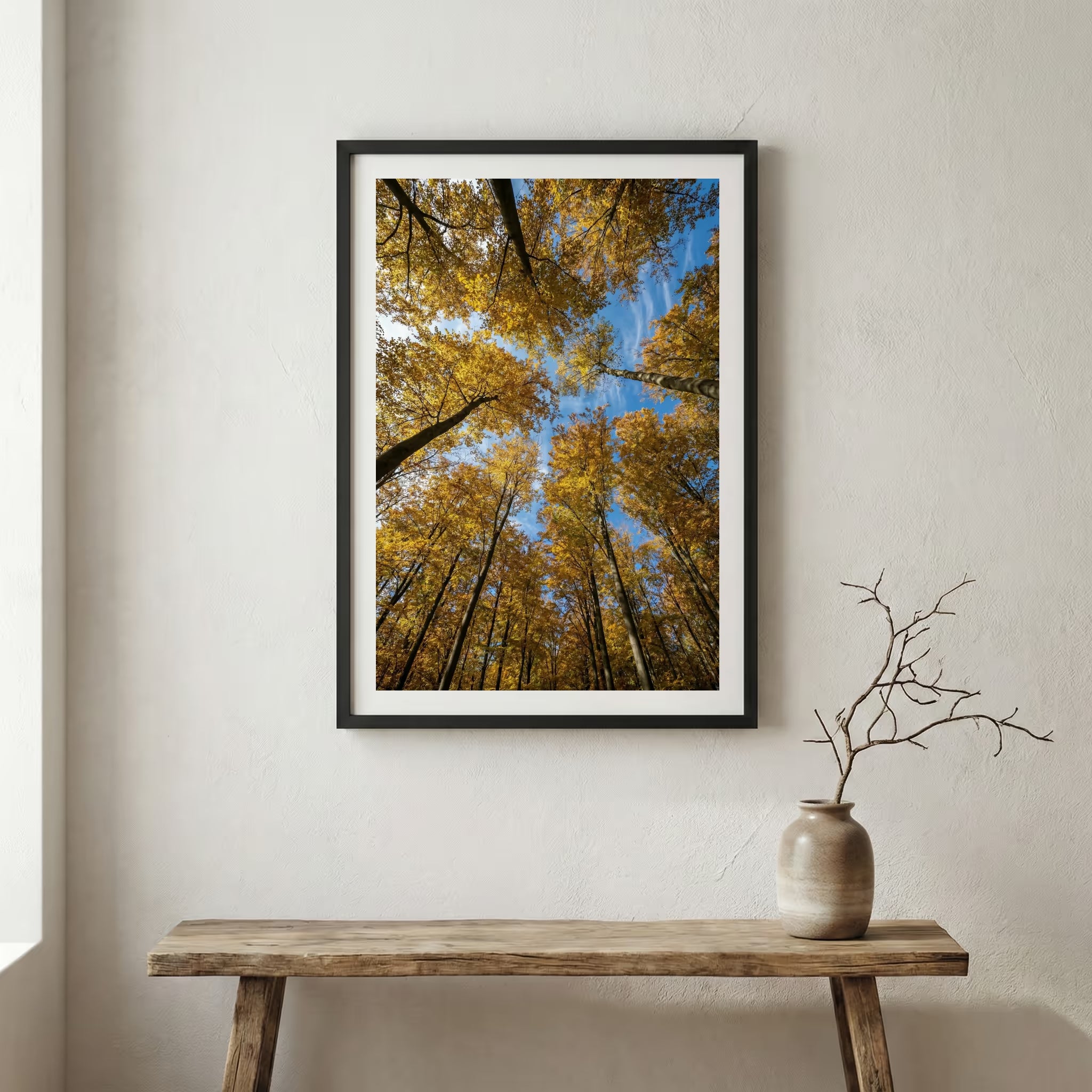 Snow-dusted pine trees on a ledge overlooking a misty turquoise lake — wooden frame canvas wall art print, 12×18 in
