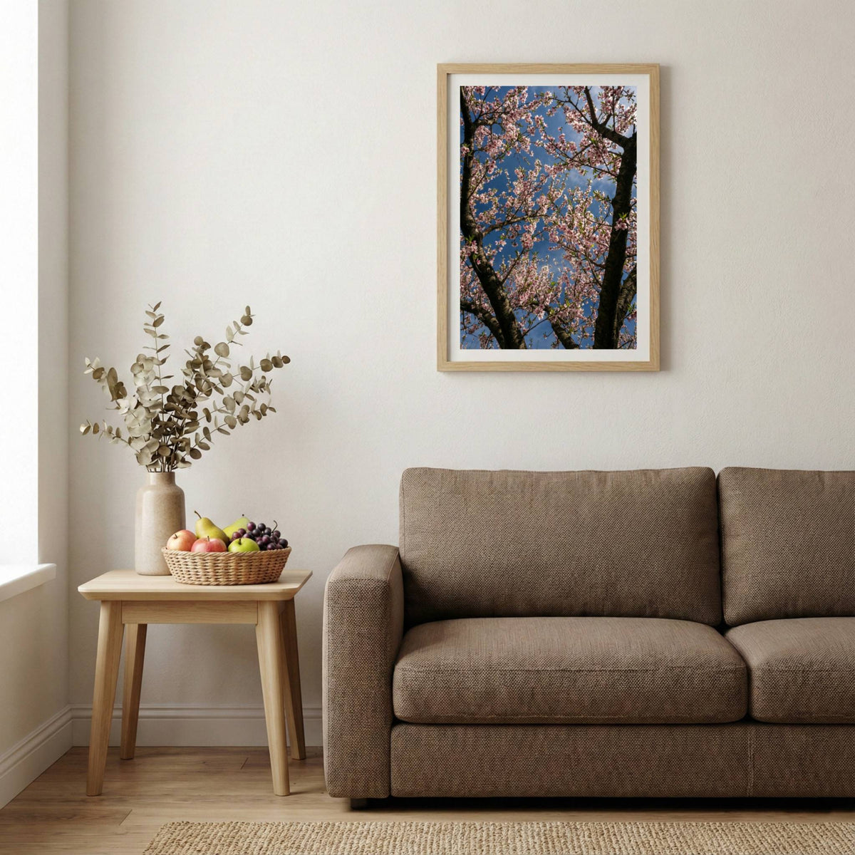 Dense pink spring blossoms filling the frame beneath a blue sky — wooden-frame wall art print, 20×30 in