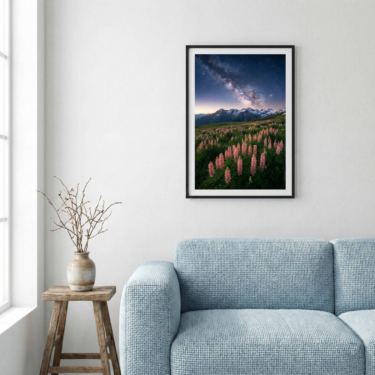 Purple lupine meadow beneath a star-filled night sky and mountain silhouette — framed canvas wall art in a wooden frame, 16×24 in