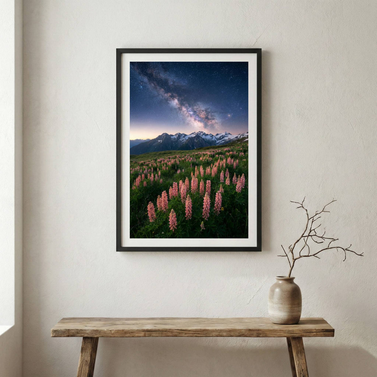 Purple lupine meadow beneath a star-filled night sky and mountain silhouette — wooden frame canvas wall art print, 12×18 in