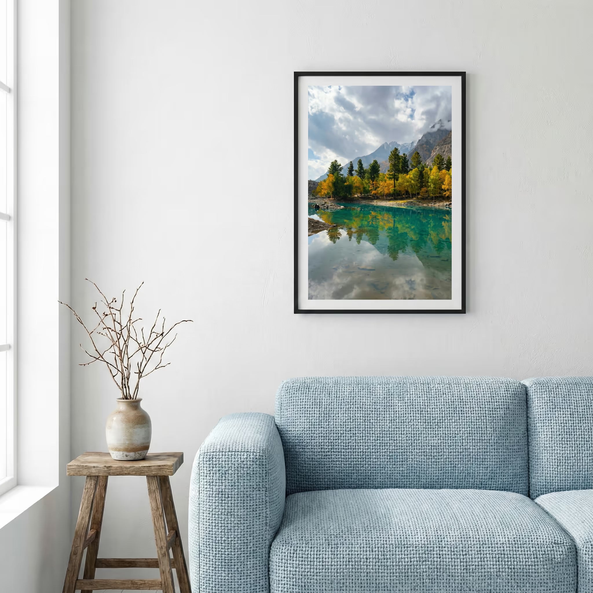 Sunbeams filtering through misty forest trees and reflecting in a calm stream — framed canvas wall art in a wooden frame, 16×24 in