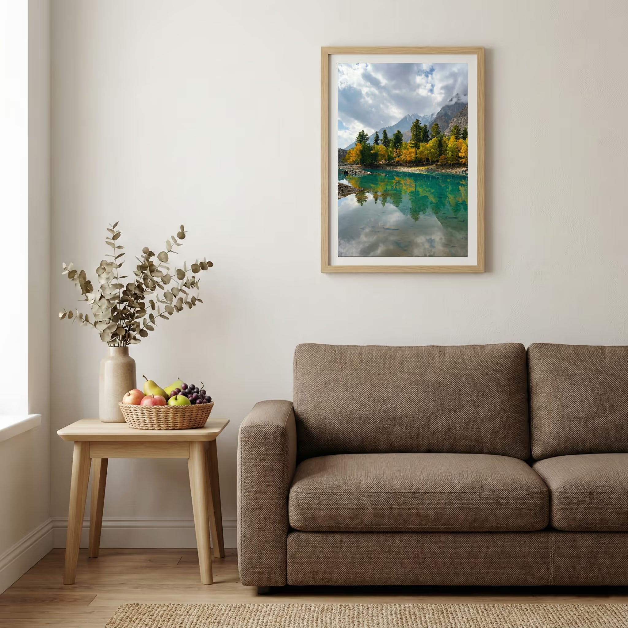 Sunbeams filtering through misty forest trees and reflecting in a calm stream — wooden-frame wall art print, 20×30 in