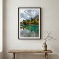 Sunbeams filtering through misty forest trees and reflecting in a calm stream — wooden frame canvas wall art print, 12×18 in