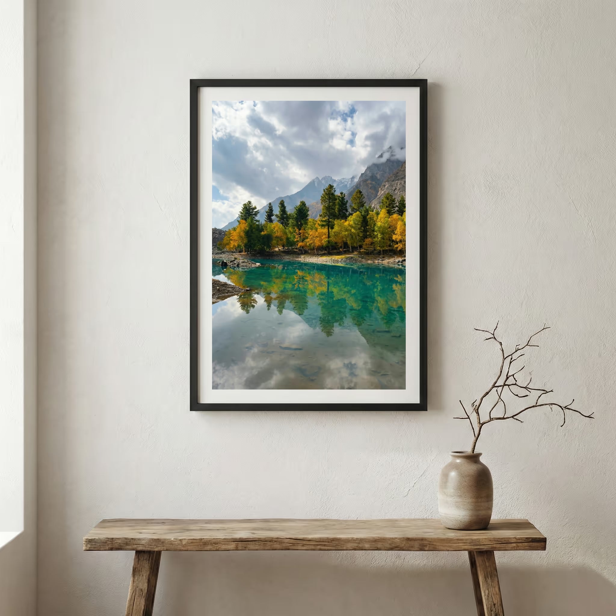 Sunbeams filtering through misty forest trees and reflecting in a calm stream — wooden frame canvas wall art print, 12×18 in