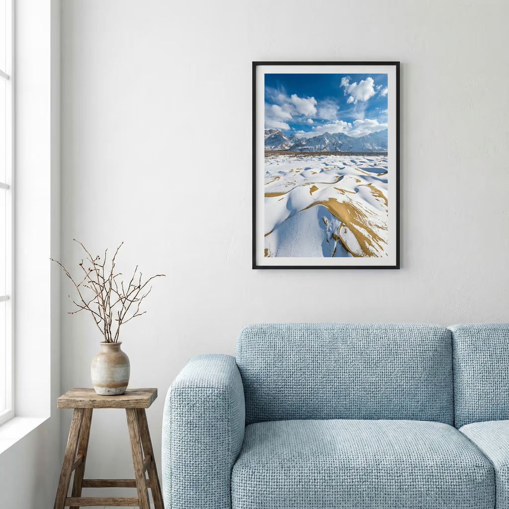 Sunlit pink and white blossom branches glowing against a clear blue sky — framed canvas wall art in a wooden frame, 16×24 in