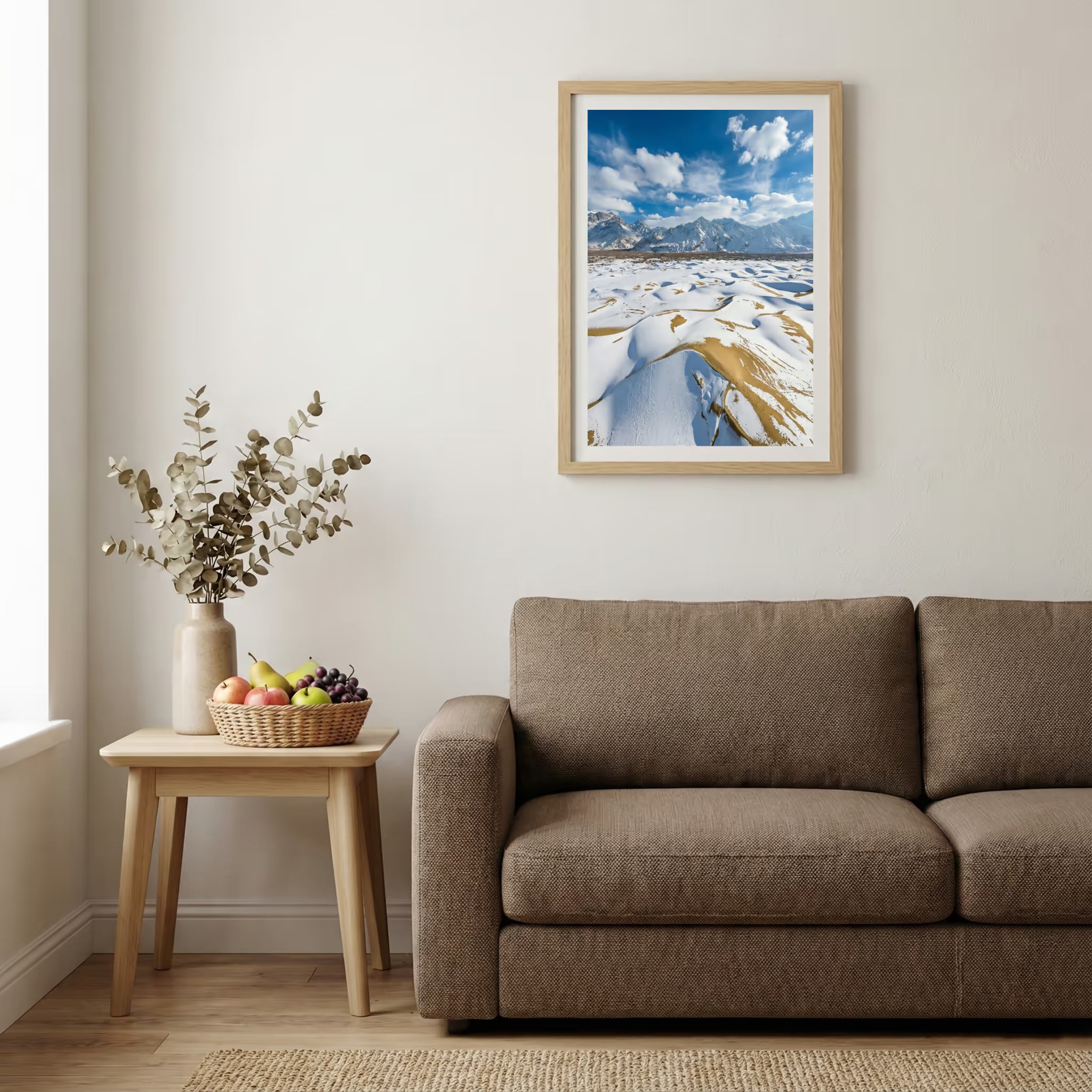 Sunlit pink and white blossom branches glowing against a clear blue sky — wooden-frame wall art print, 20×30 in
