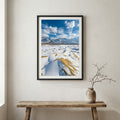 Sunlit pink and white blossom branches glowing against a clear blue sky — wooden frame canvas wall art print, 12×18 in